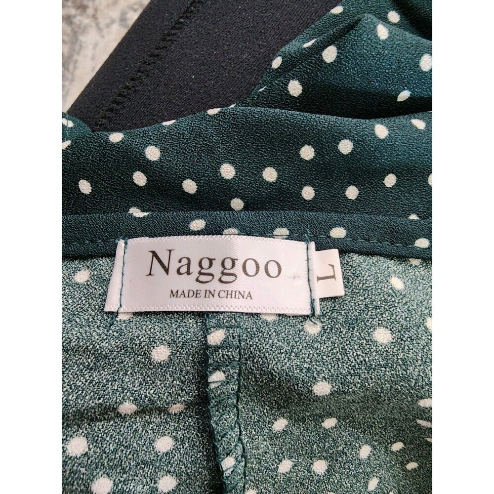 Naggoo Wrap Midi Dress Green Dots V Neck Short Sleeve Ruffle Women’s Large LG - Picture 9 of 10